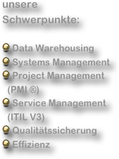 unsere Schwerpunkte:

 Data Warehousing
 Systems Management
 Project Management (PMI ®)
 Service Management   (ITIL V3)
 Qualitätssicherung
 Effizienz

